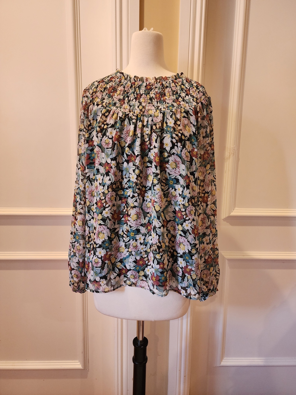 LOFT Black Floral Smocked Neck Peasant Top